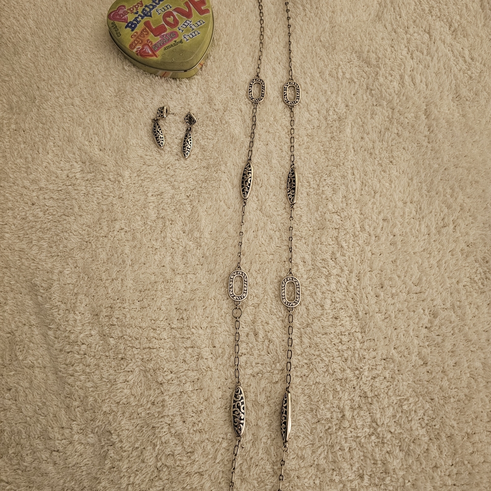 Brighton Silver Long Necklace with matching earrings and box.